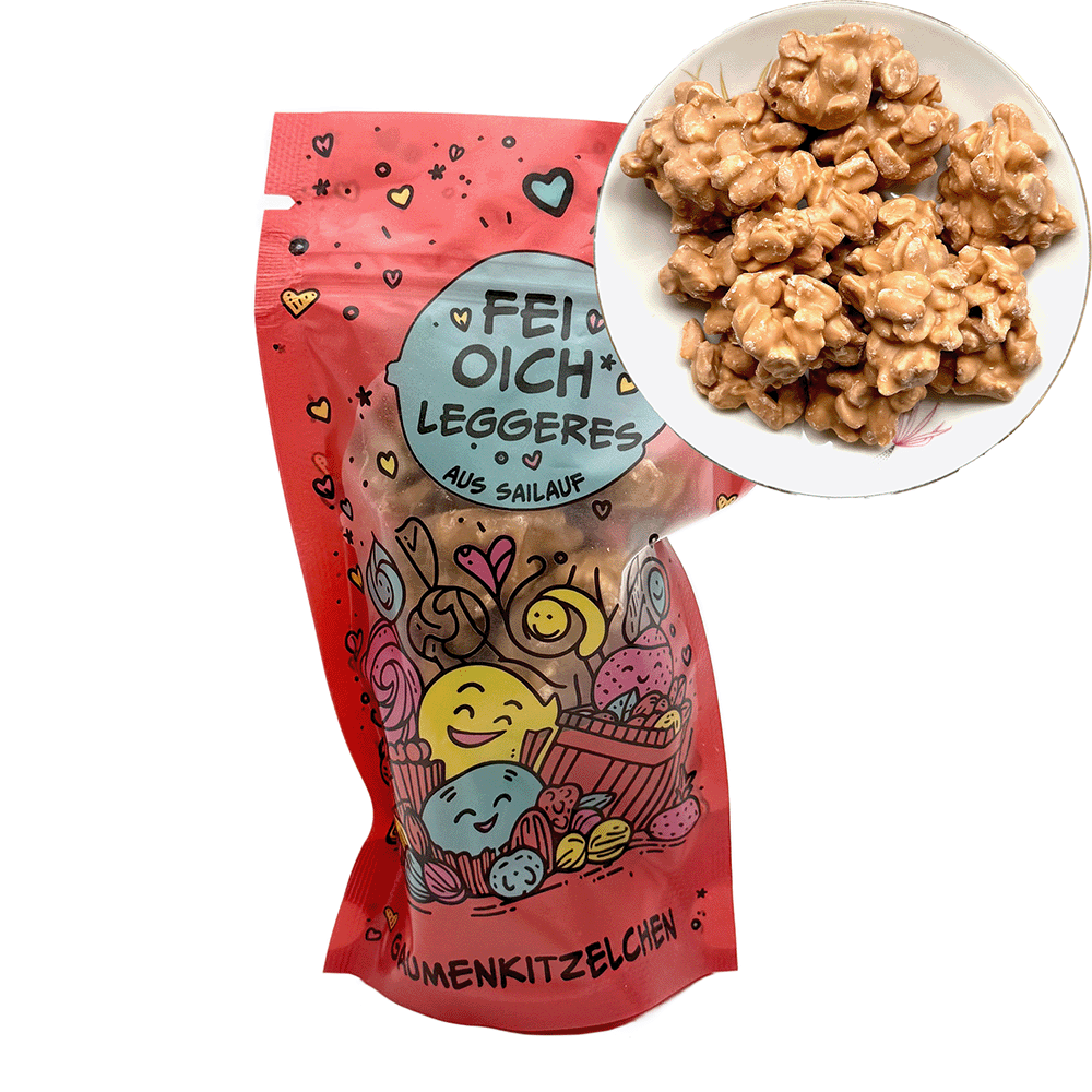 Schoko-Erdnuss-Brocken mit  Salz-Karamell, 100 g, rot, Gaumenkitzelchen - "Fei Oich Leggeres..."