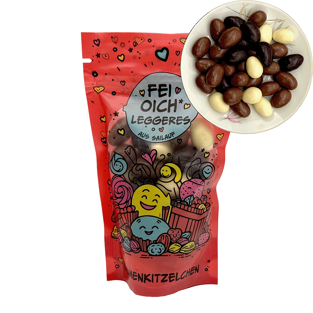 Schokomandel-Mix, 180 g, rot, Gaumenkitzelchen - "Fei Oich Leggeres aus Sailauf"
