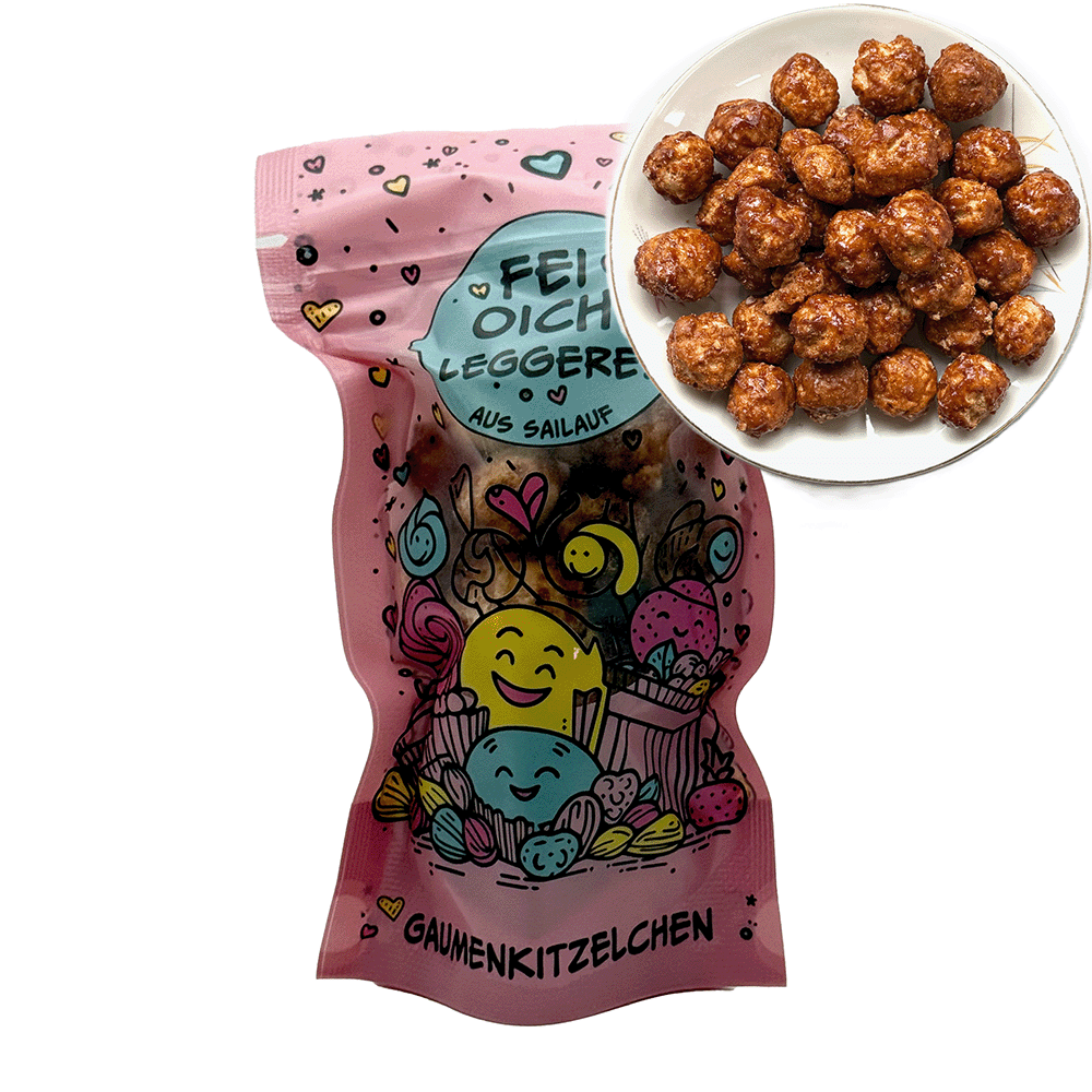 Gebrannte Macadamia, 130 g, rosa, Gaumenkitzelchen - "Fei Oich Leggeres aus Sailauf"