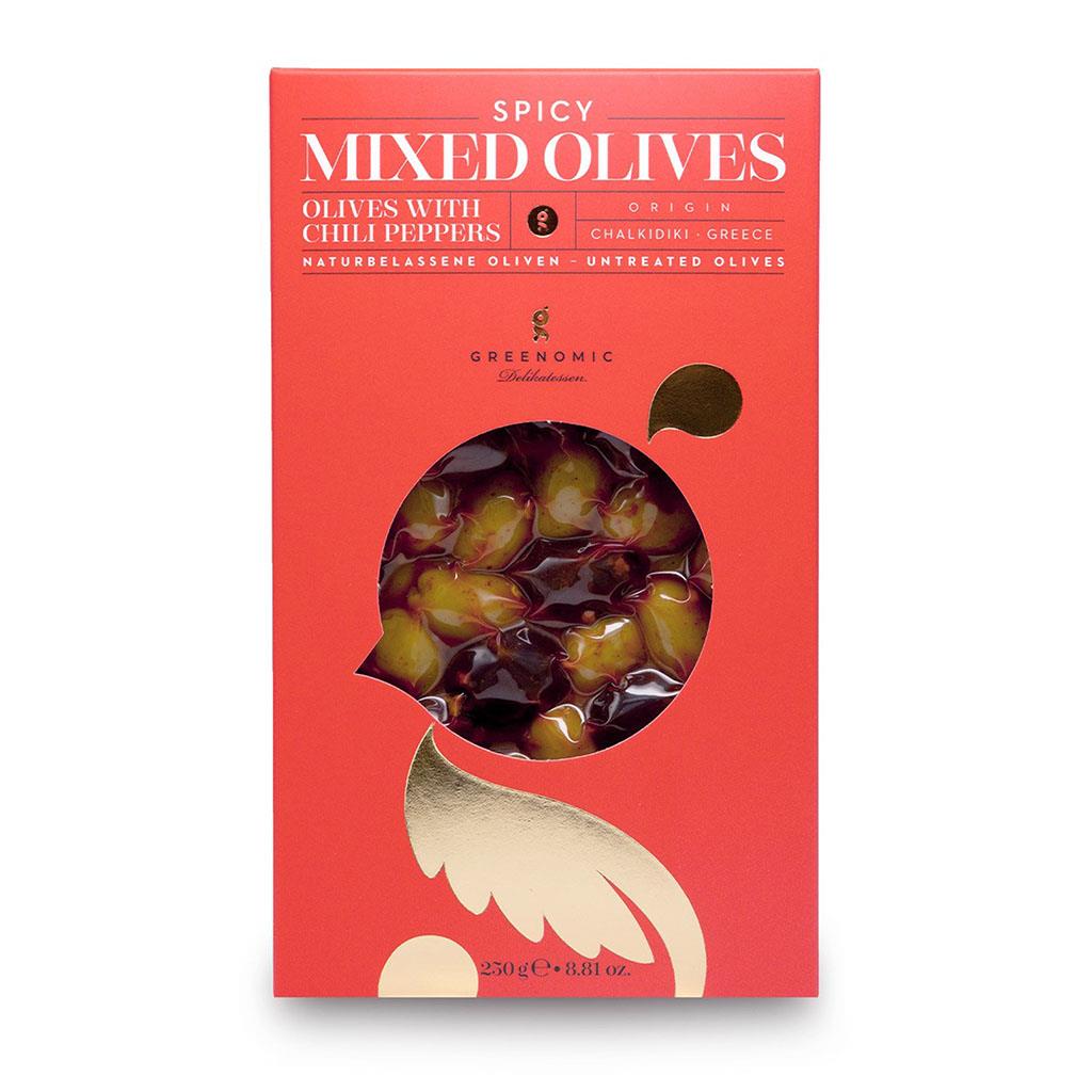 Spicy Mixed Olives 250 g, Greenomic