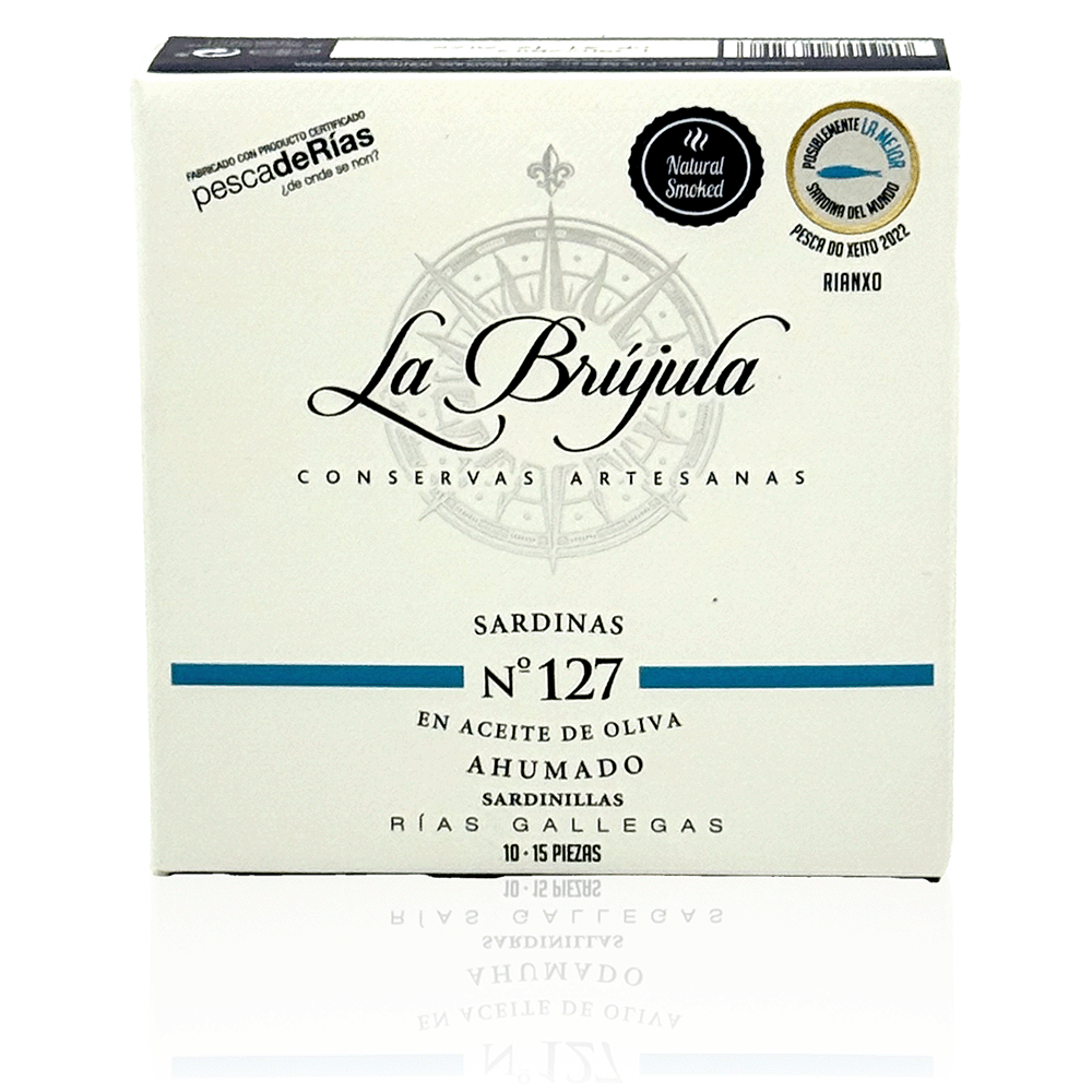 Sardinen N°127 DO XEITO in geräuchertem Olivenöl Jahrgang 2022, 130 g, La Brujula