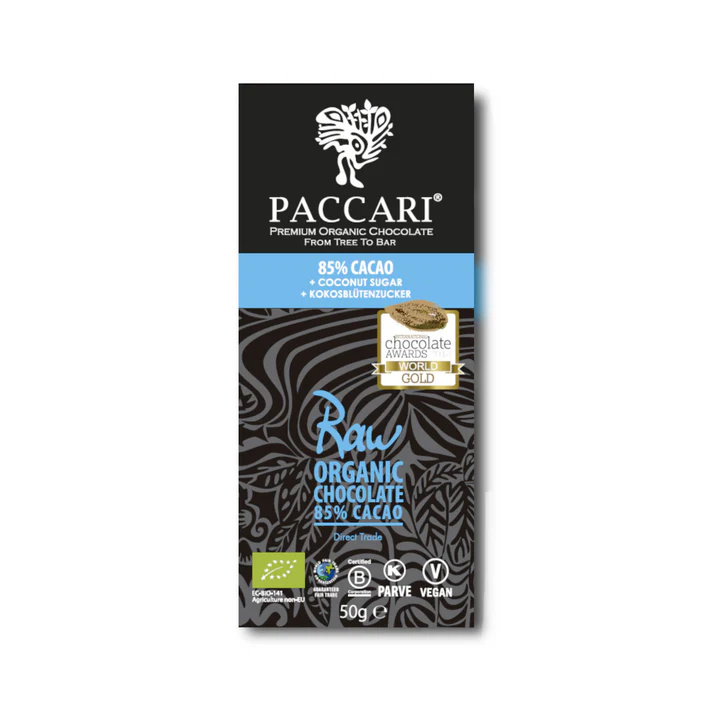 PACCARI Rohe Bio Schokolade 85% mit Kokosblütenzucker, 50 g, Tree to Bar