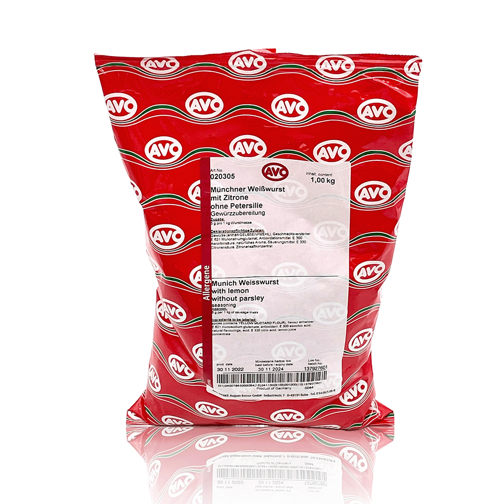 Münchner Weißwurst mit Zitrone ohne Petersilie Gewürzzubereitung, 1 kg, AVO Münchner Weißwurst mit Zitrone ohne Petersilie Gewürzzubereitung, 1 kg, AVO