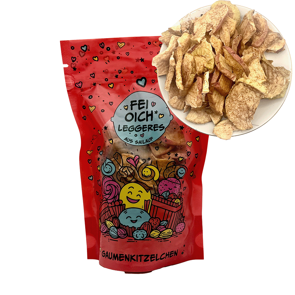 Apfel-Zimt Chips 100 g, rot,  Gaumenkitzelchen - "Fei Oich Leggeres aus Sailauf"