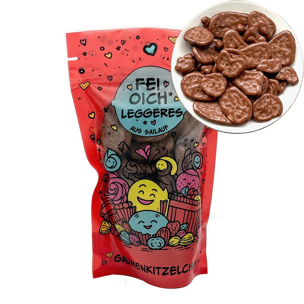Bananenchips mit Milchschokolade, 130 g, rot, Gaumenkitzelchen - "Fei Oich Leggeres aus Sailauf"