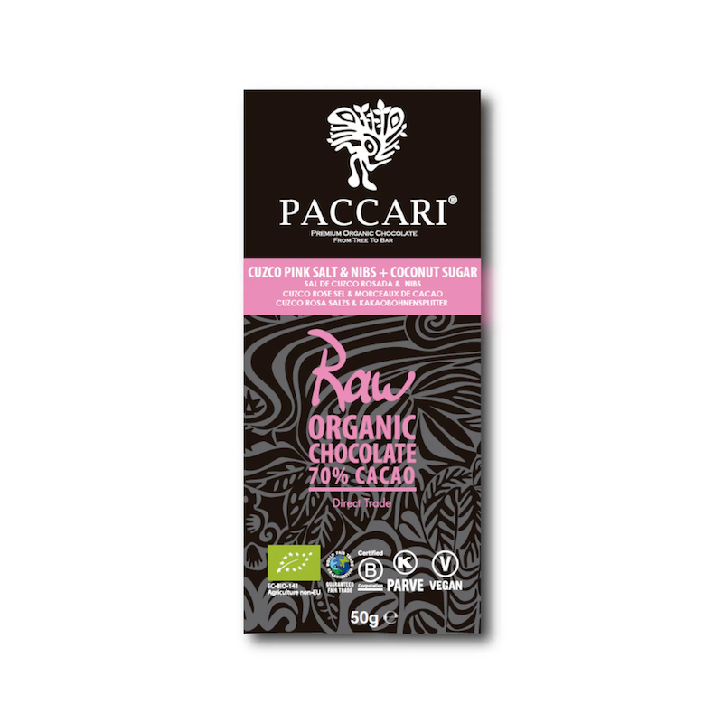 PACCARI Rohe Bio Schokolade 70% Cuzco Salz & Nibs und Kokosblütenzucker, 50 g, Tree to Bar
